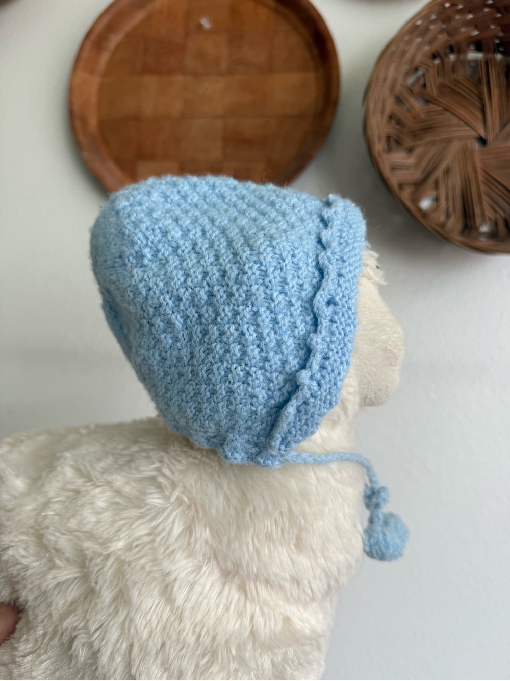 Vintage Hand-Knit Baby Newborn Bonnet Light Blue hat
